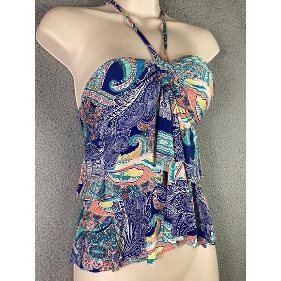 Kenneth Cole Swim Reaction Top Tankini Womens Size Small Ruffle Halter Blue - Picture 2 of 10